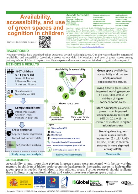 Availability, accessibility, and use of green spaces and cognitive development in primary school children Poster Image